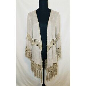 Dreamers Boho Fringe Duster Kimono Hippie Tan Open Front Women's SMALL